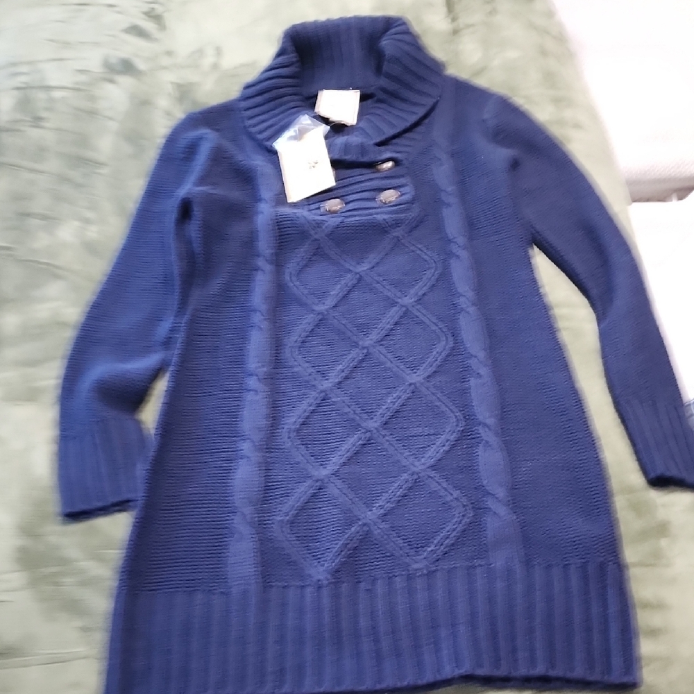 Pink Rose Cowl Neck Sweater in Deep Blue